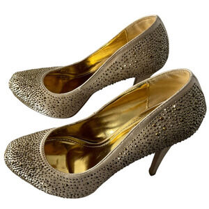 Vigo Fiore Shoes Womens Size 9 Gold Rhinestone Heels Sparkle Dress Pumps Evening